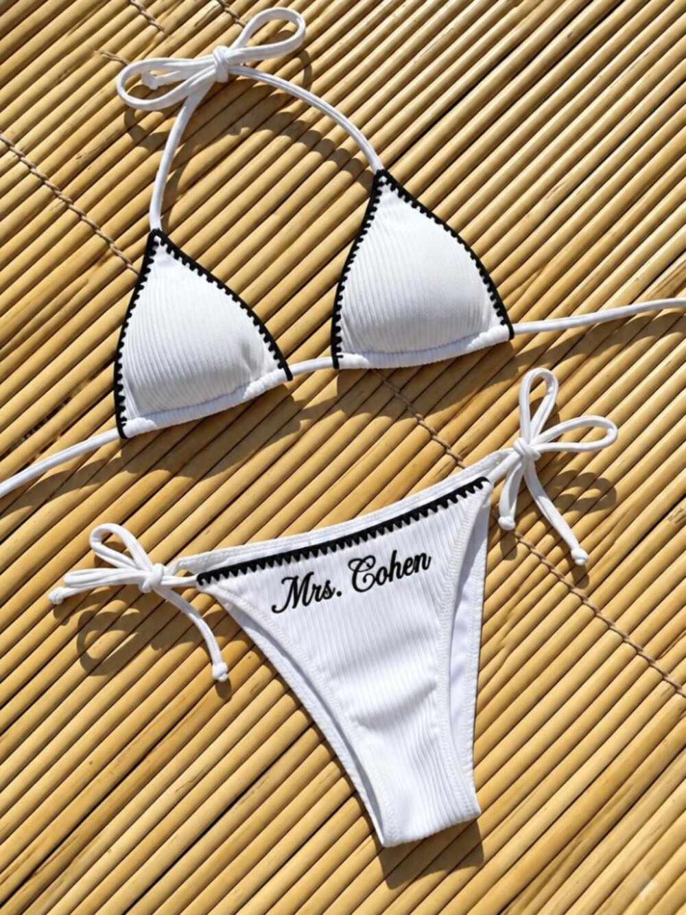 Personalized Textured Bikini Set | Embroidered Trim | Cream bikini (Bride Swimsu